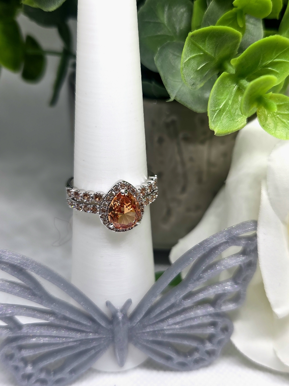 BP Pear-Shaped Smokey Topaz Halo Ring On Rhodium Plating